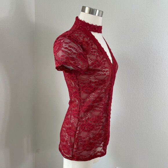 Express Womens Small Red Lace Choker Neck Short Sleeve Top Blouse Shirt - Picture 6 of 12